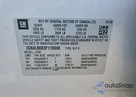 2015 Chevrolet Equinox Lt z USA, uszkodzony, nr VIN 2GNALBEK3F1139996